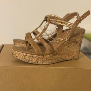 Brown cork wedge sandals with sparkle straps. Size 10